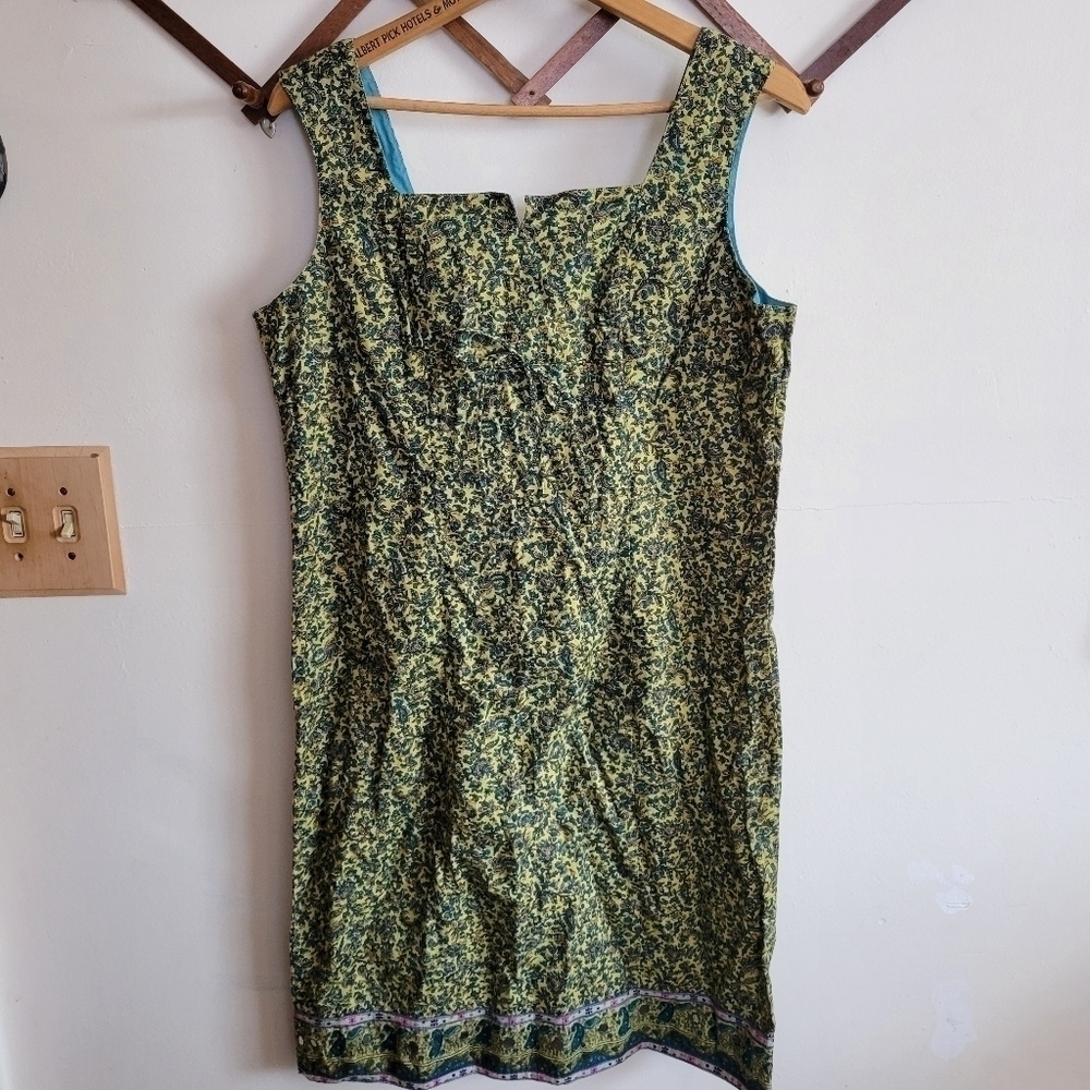 Green Floral Mini Dress - Sleeveless Square Neck